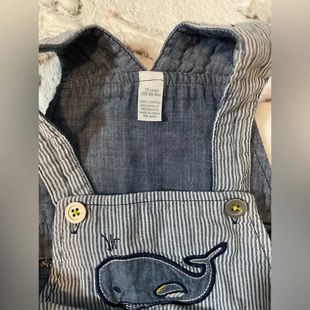 🐳 OSHKOSH Blue stripe Nautical Baby Romper 1pc w button center + SHOES SZ 12M